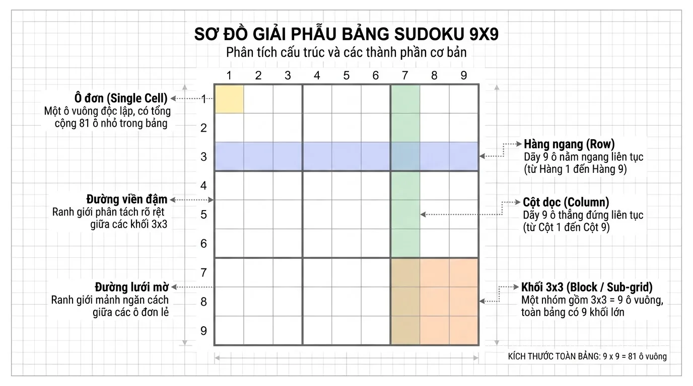 Tổng số ô trên bảng Sudoku chuẩn bảng sudoku có bao nhiêu ô: lưới chuẩn 9x9 gồm 81 ô