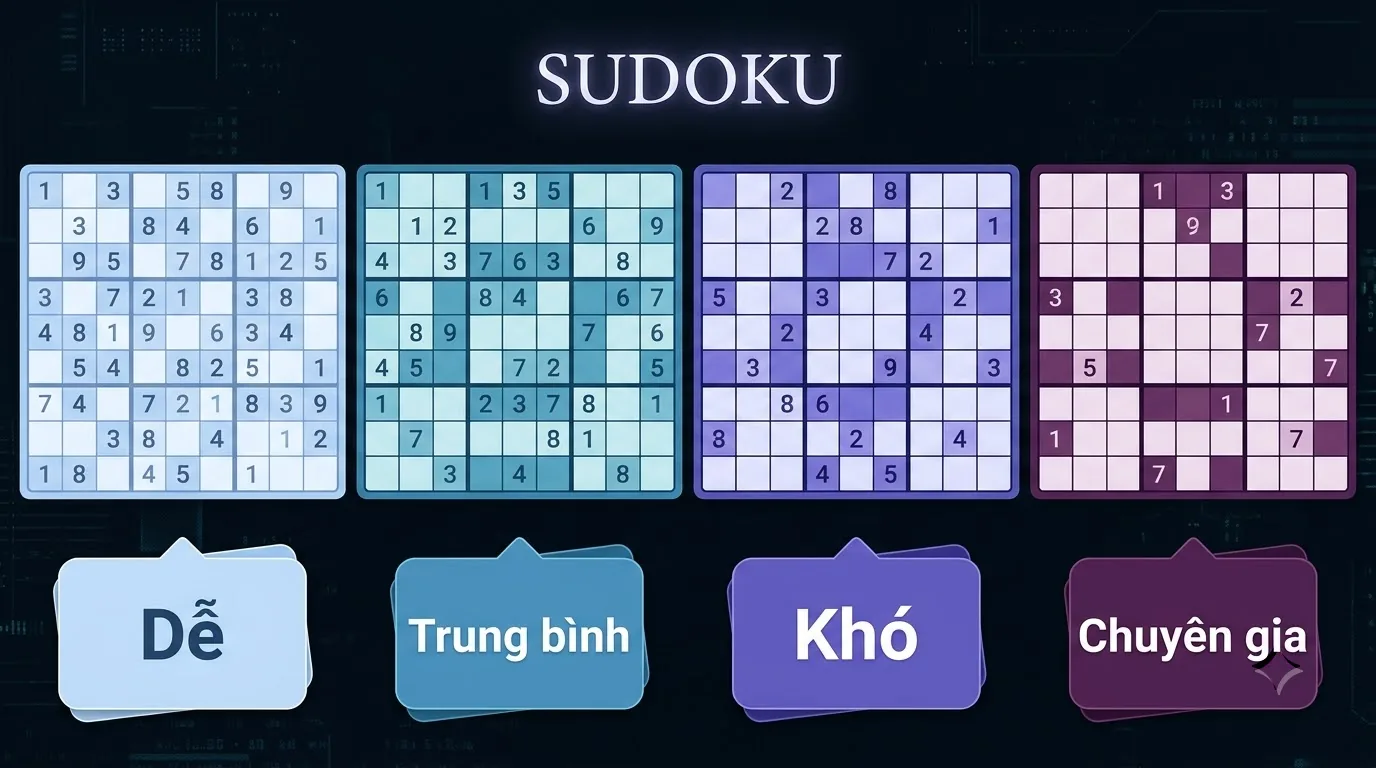 Đặc điểm bốn mức độ Sudoku So sánh các cấp độ sudoku từ dễ đến chuyên gia
