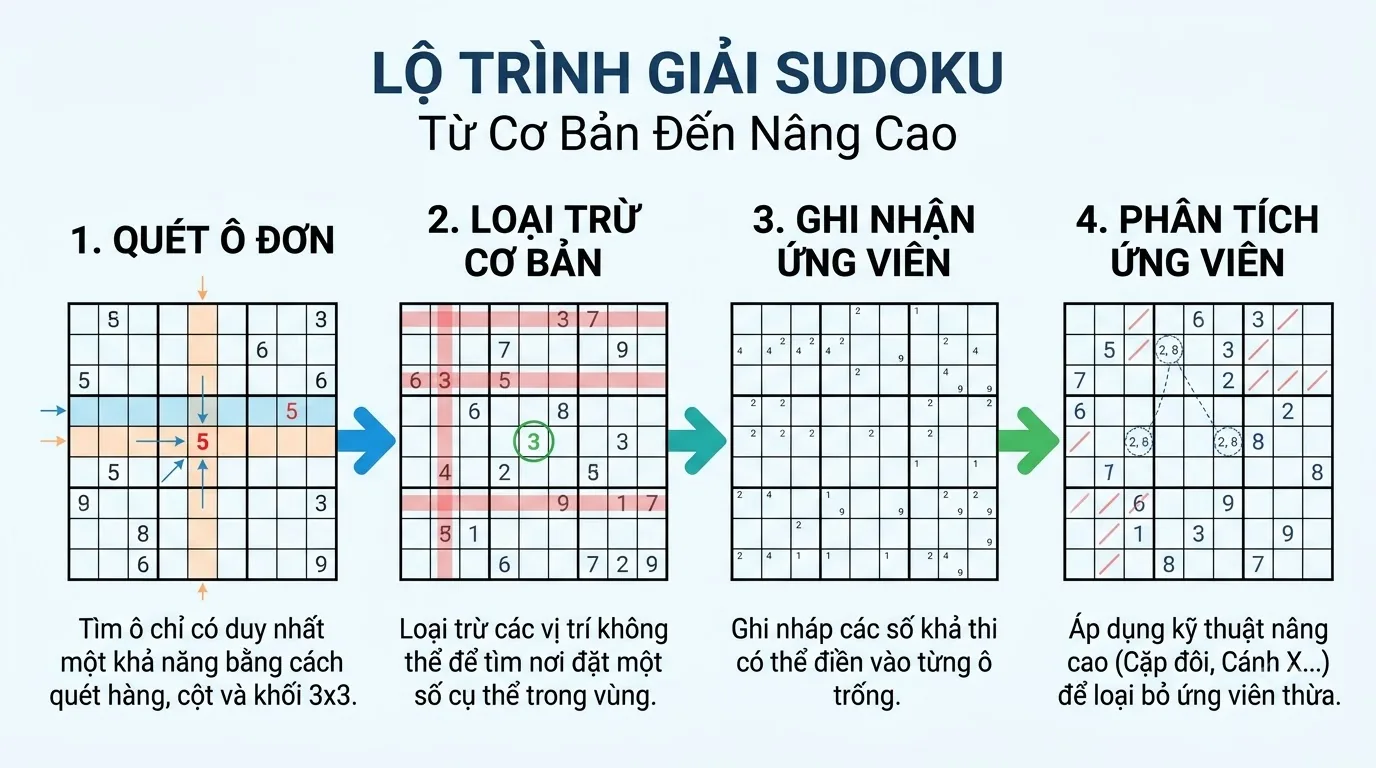 Lộ trình cách giải sudoku từ quét bảng đến suy luận nâng cao