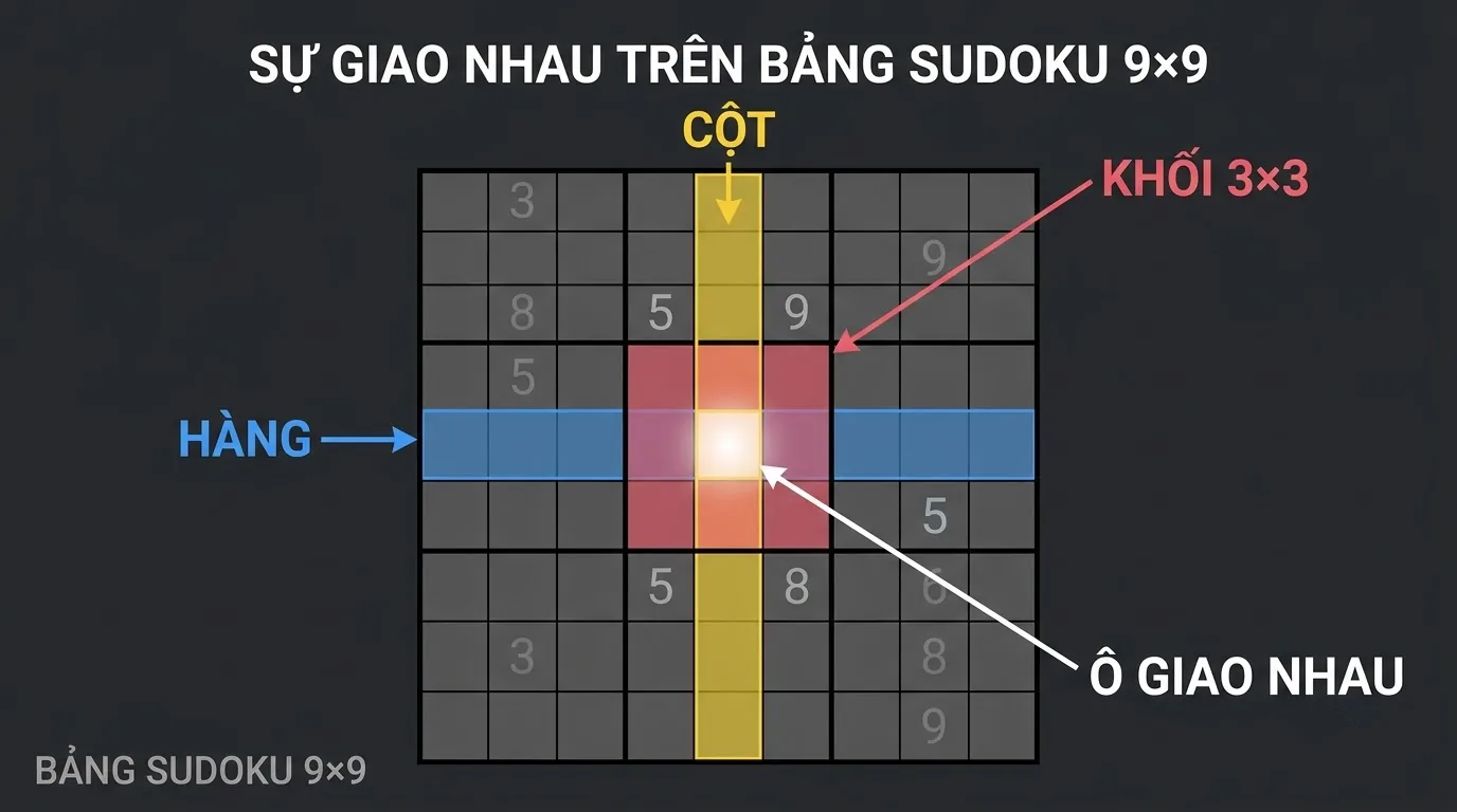 Phân biệt hàng và cột Sudoku Hàng ngang và cột dọc trên bảng Sudoku 9x9