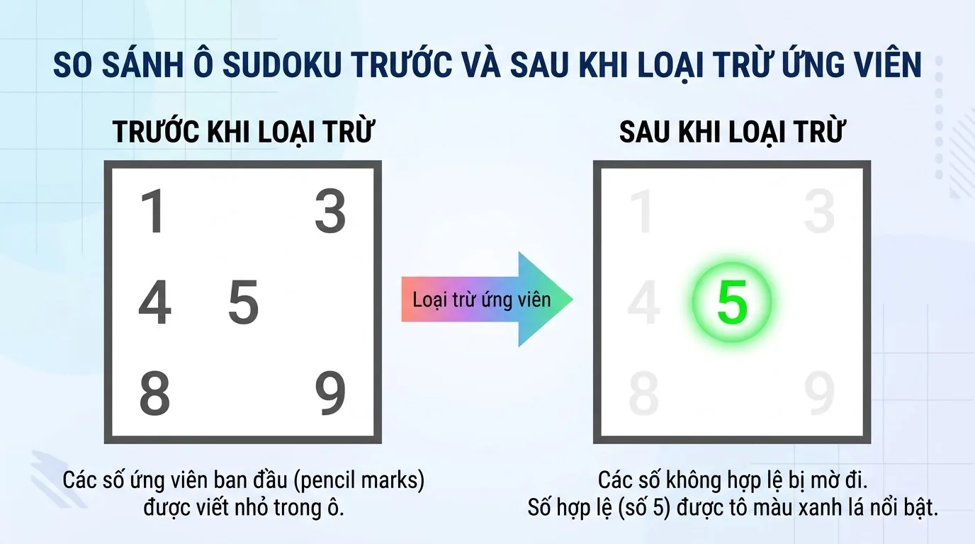 Kiểm tra hàng, cột và vùng để tìm ứng viên cho ô Sudoku