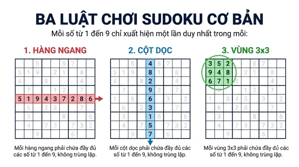 Bảng Sudoku 9x9 hoàn chỉnh với các hàng, cột và khối hợp lệ