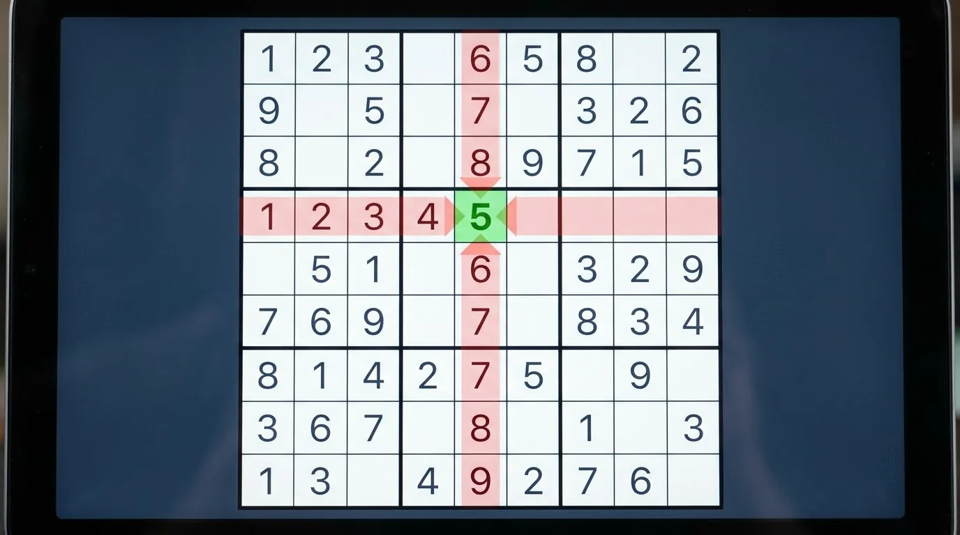 Kiểm tra ba vùng sau khi điền số Hàng, cột và khối 3×3 chứa ô vừa điền trong bảng Sudoku