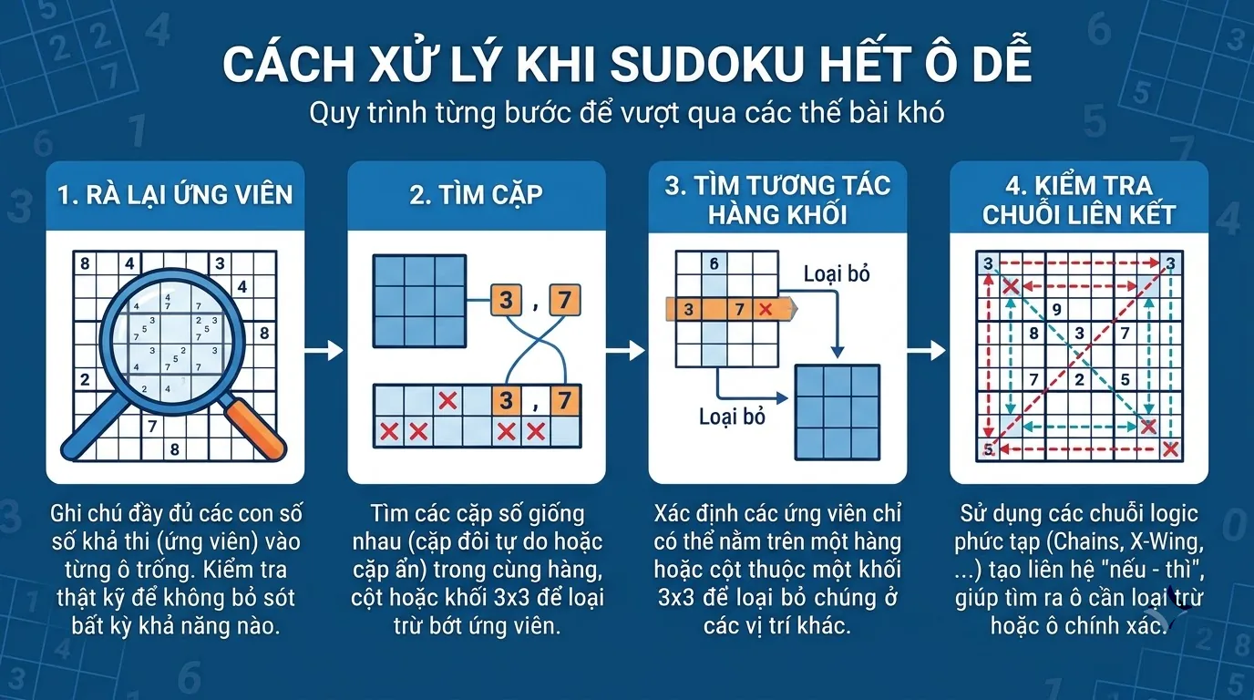 Các bước tìm phép loại candidate Thứ tự kiểm tra locked candidates, pair và X-Wing trong Sudoku