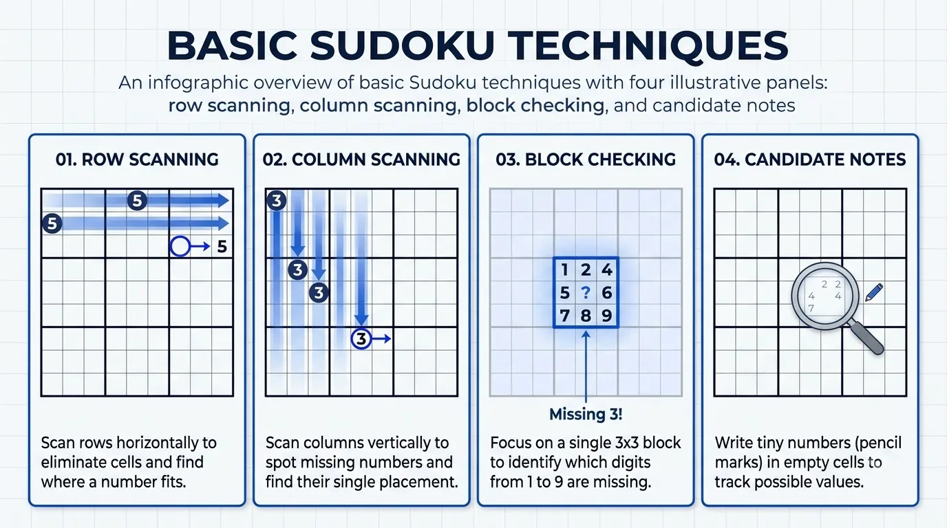 Các phương pháp giải Sudoku cơ bản Các kỹ thuật sudoku cơ bản: quét số, tìm ô cuối, Naked Single và Hidden Single