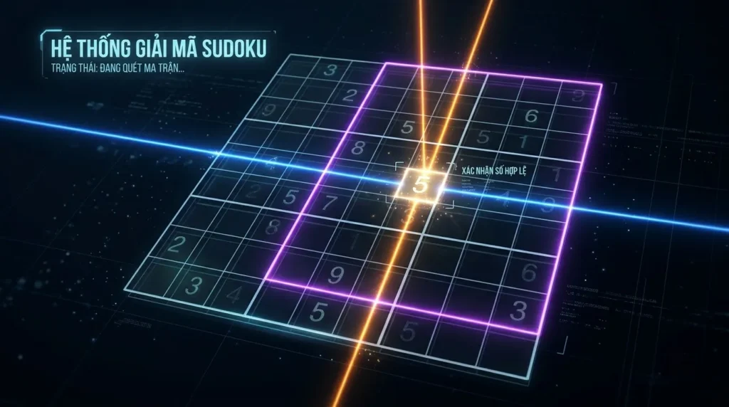 Ví dụ quét Sudoku với ba ô chưa bị loại cho số 5