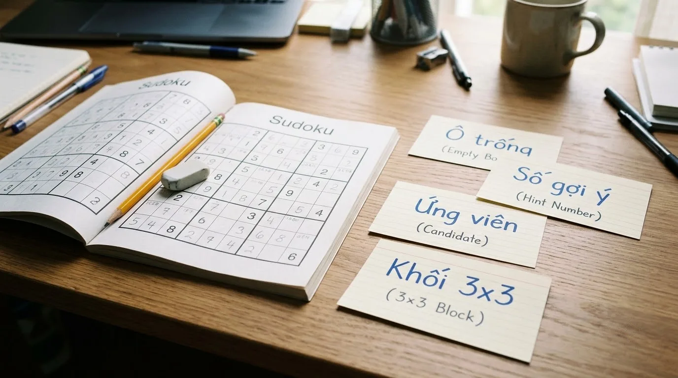 Bảng Sudoku 9×9 phân biệt ô, hàng, cột và khối 3×3