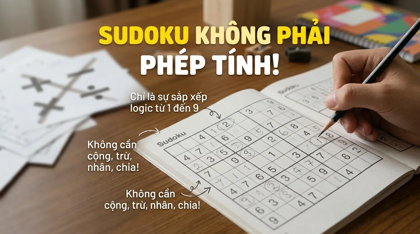 Sudoku chuẩn không yêu cầu tính số học Bảng toán sudoku chuẩn minh họa cách điền số không cần phép tính