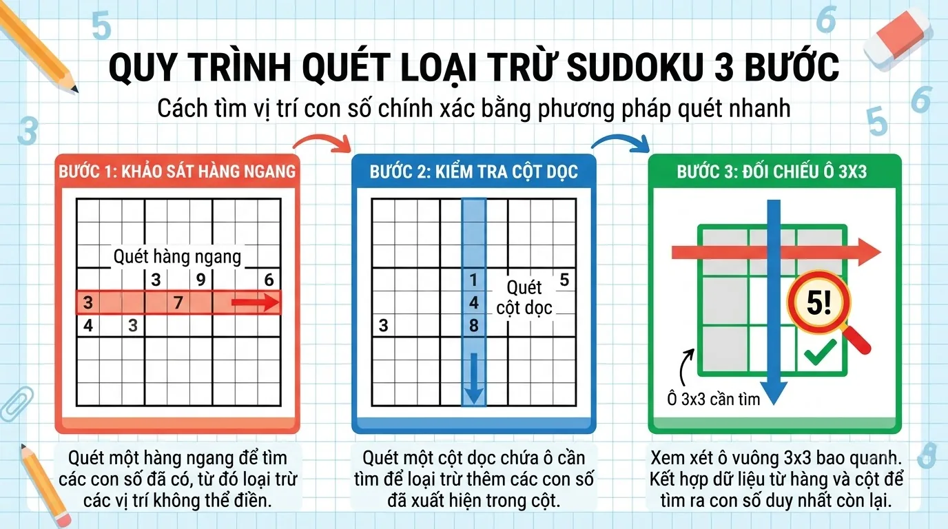 Lưới Sudoku ban đầu còn ba vị trí có thể đặt số 5 ở hàng 3